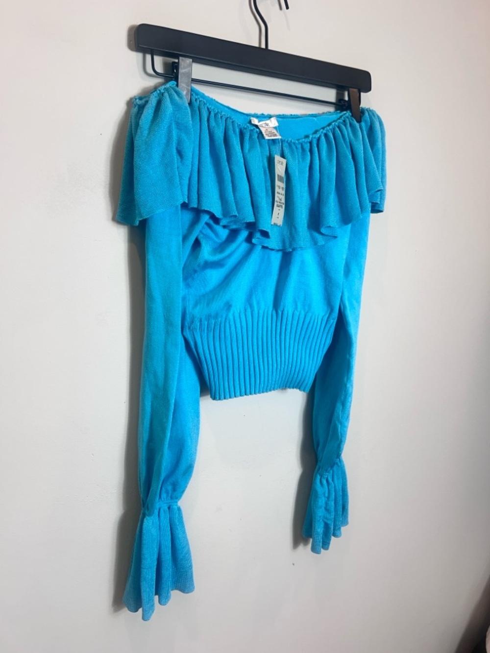 Cache Off-Shoulder Ruffle Silk Top in Turquoise - Picture 2 of 5